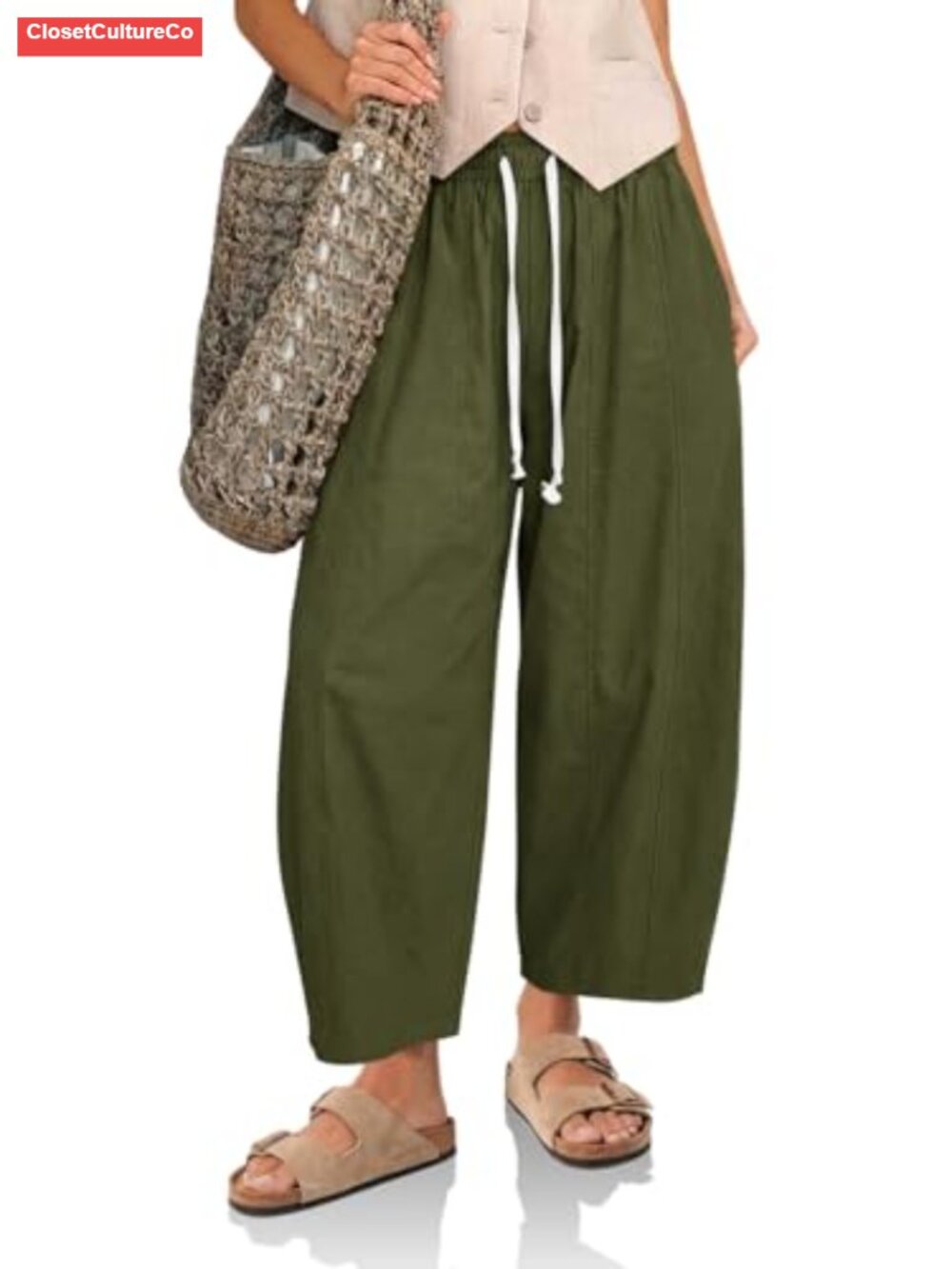 Womens Baggy Barrel Pants High Waisted Drawstring Cropped Trousers